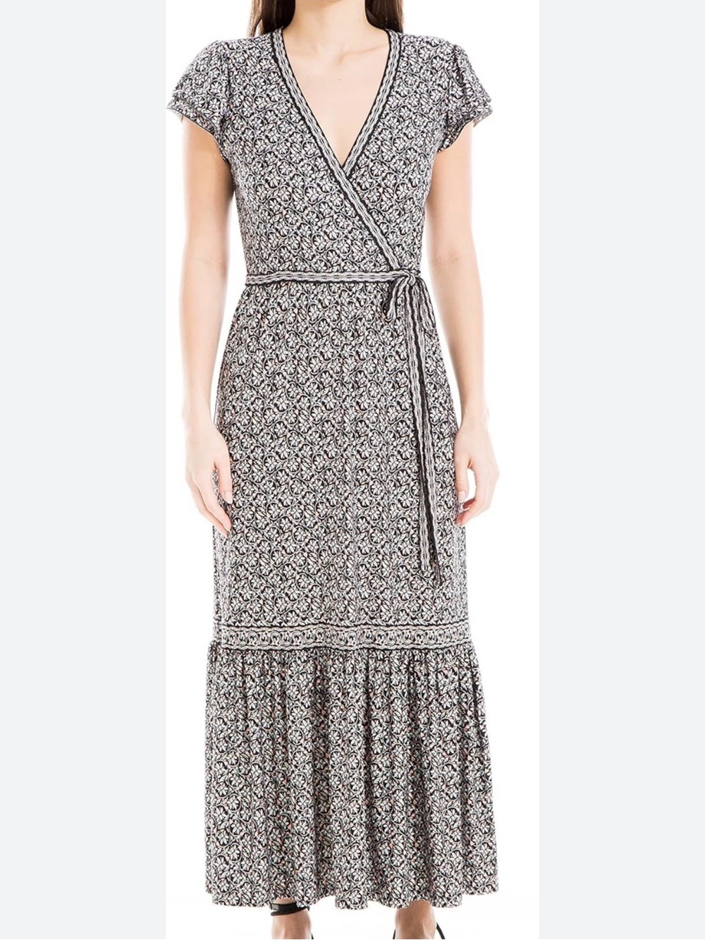 Max Studio Floral Faux Wrap Short Flutter Sleeve Tiered Maxi Dress